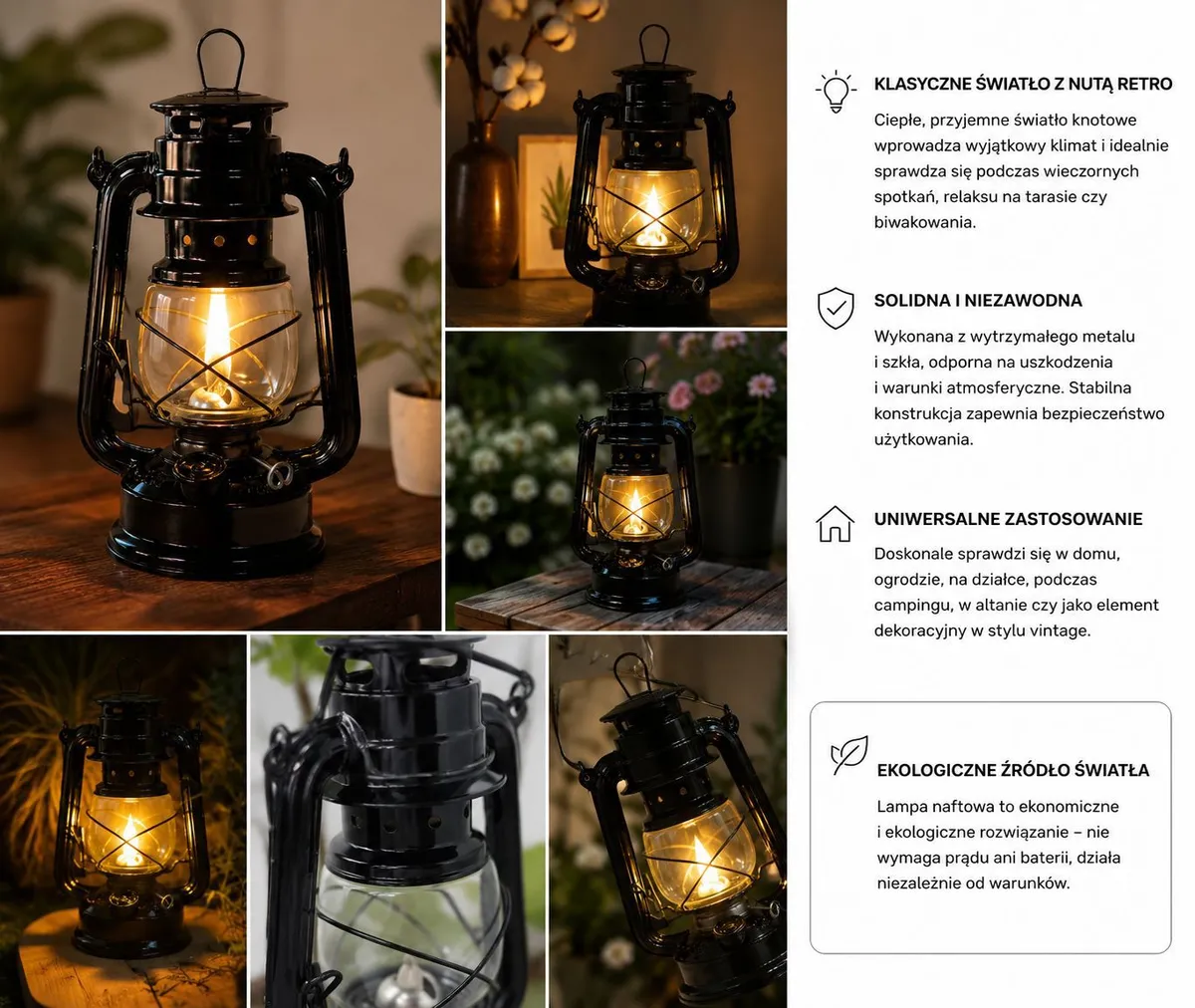 Lampa naftowa czarna metalowa z retro światłem knotowym