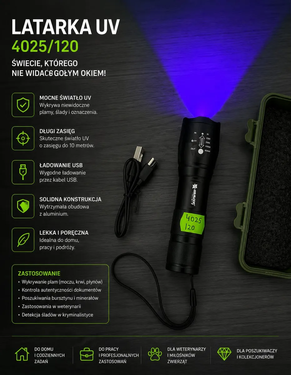 Latarka UV 4025/120 czarna z ładowaniem USB i aluminiową obudową
