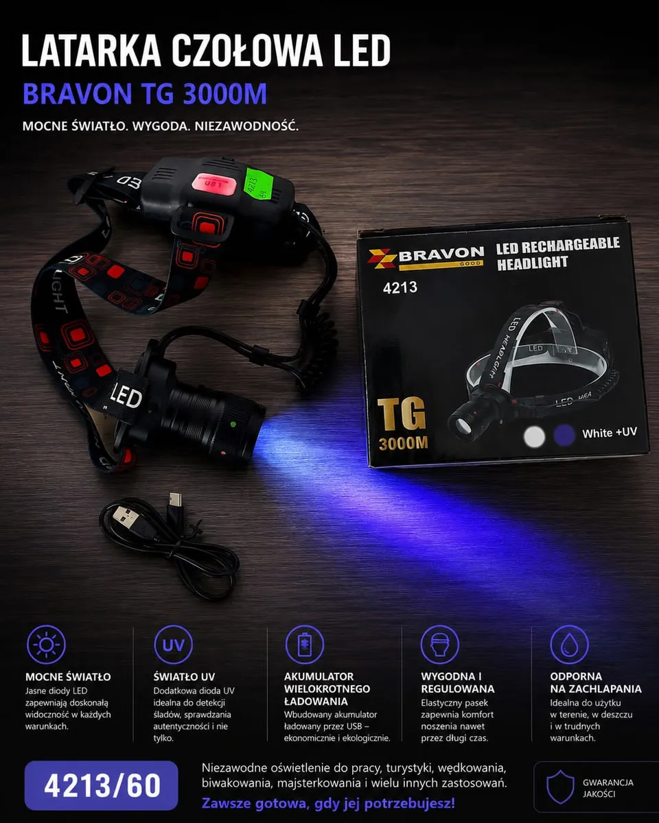 Latarka czołowa LED Bravon TG 3000M z UV i akumulatorem USB