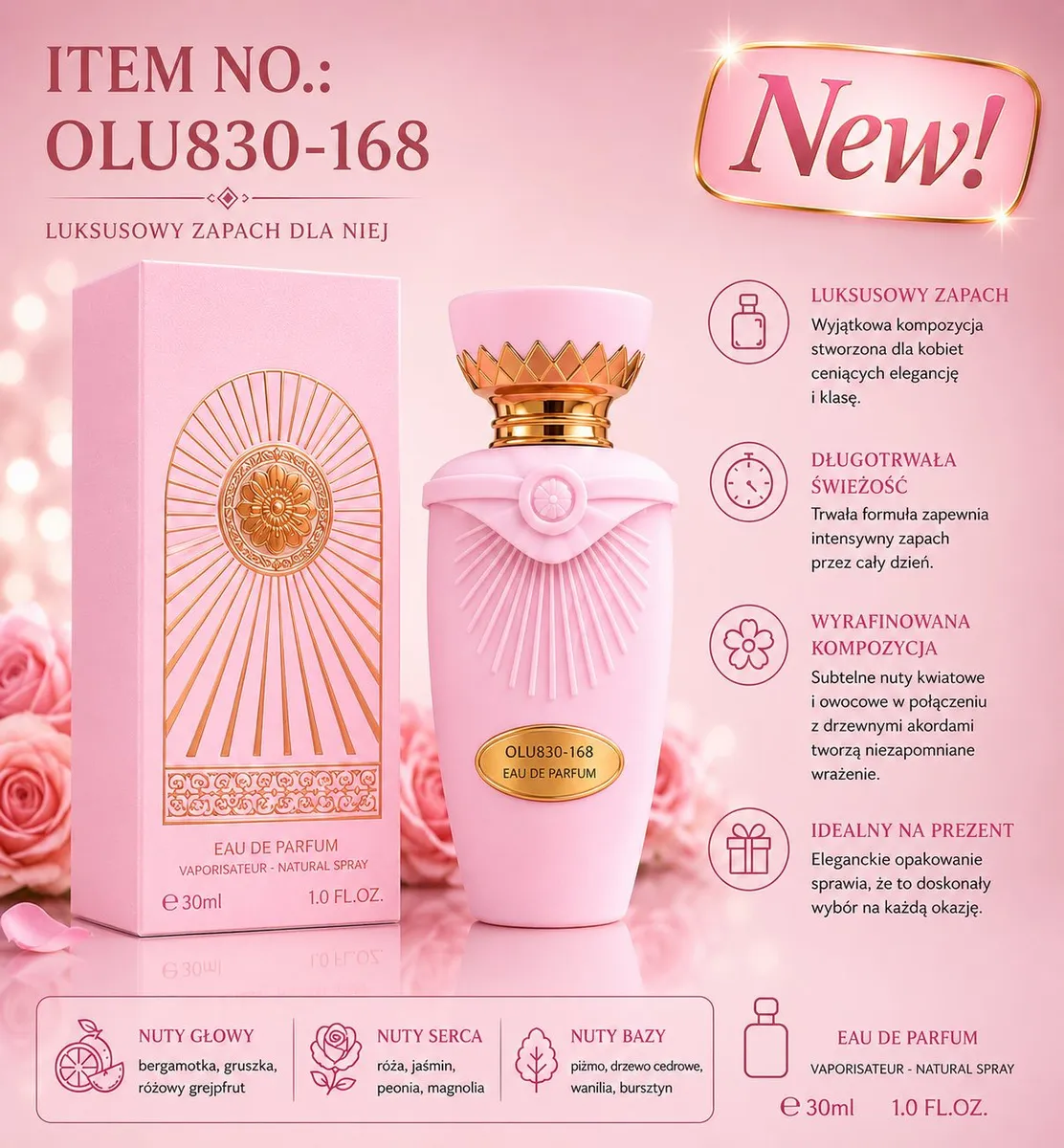 Perfumy damskie OLU830-168 30ml różowe eleganckie opakowanie