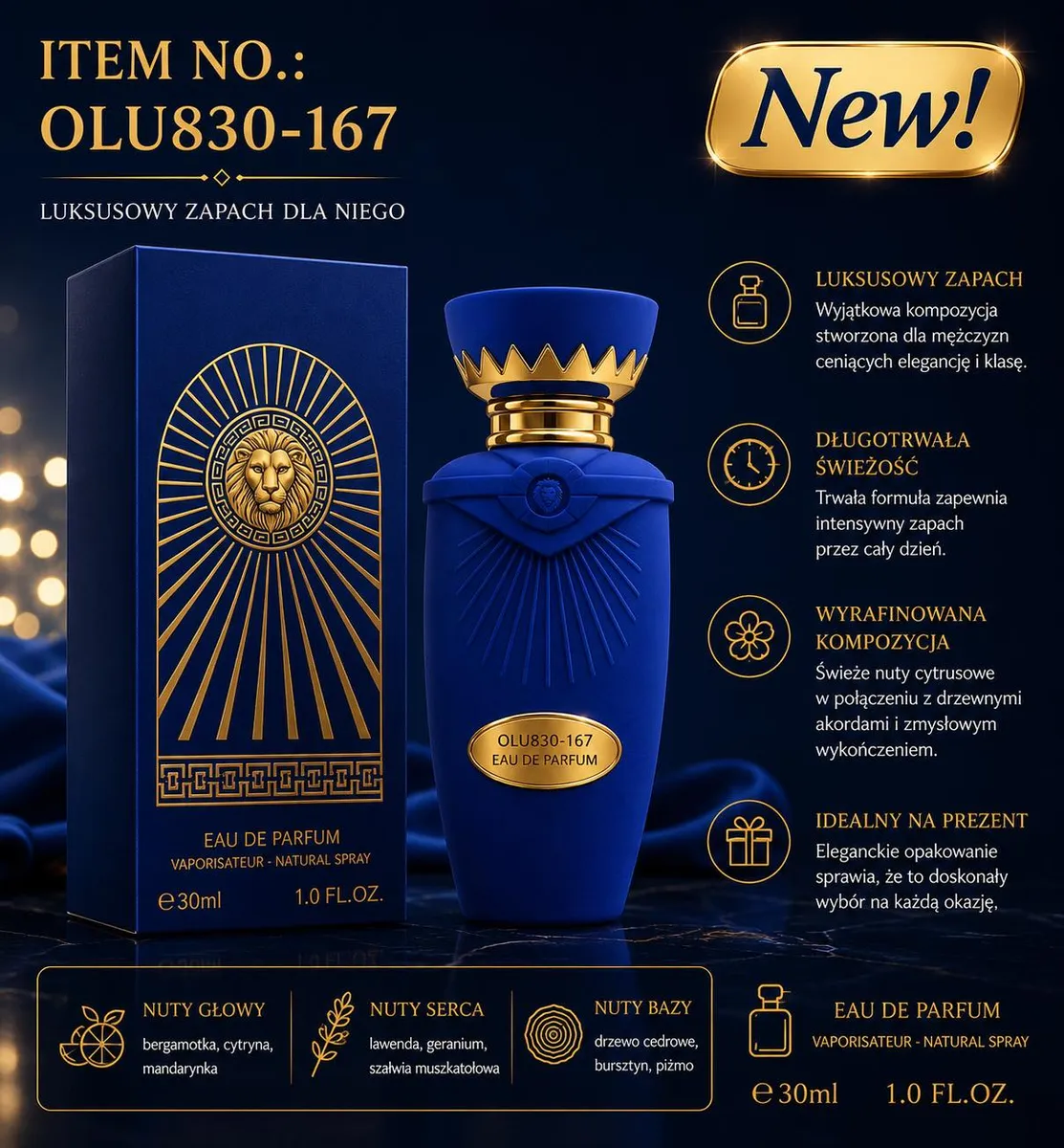 Perfumy męskie OLU830-167 30ml granatowo-złote luksusowe