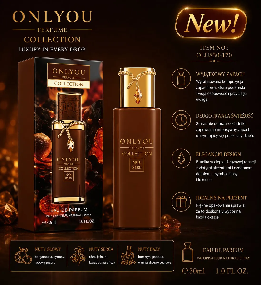OnlyYou Perfumy Eau de Parfum 30ml Brązowe z Złotymi Akcentami