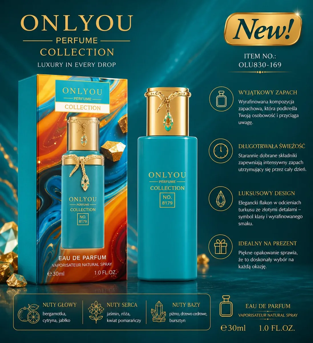OnlyYou Perfumy Turkusowe 30ml z Złotymi Detalami
