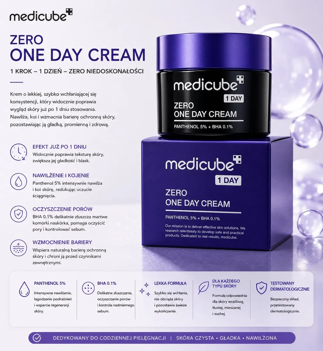 medicube Zero One Day Cream krem nawilżający z Panthenolem i BHA