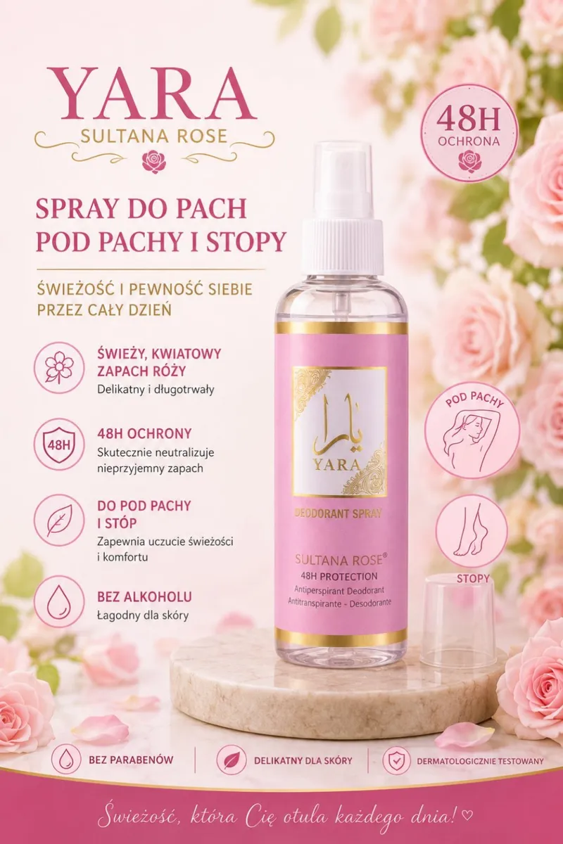 YARA SULTANA ROSE Spray do pach i stóp 150ml z kwiatowym zapachem róży