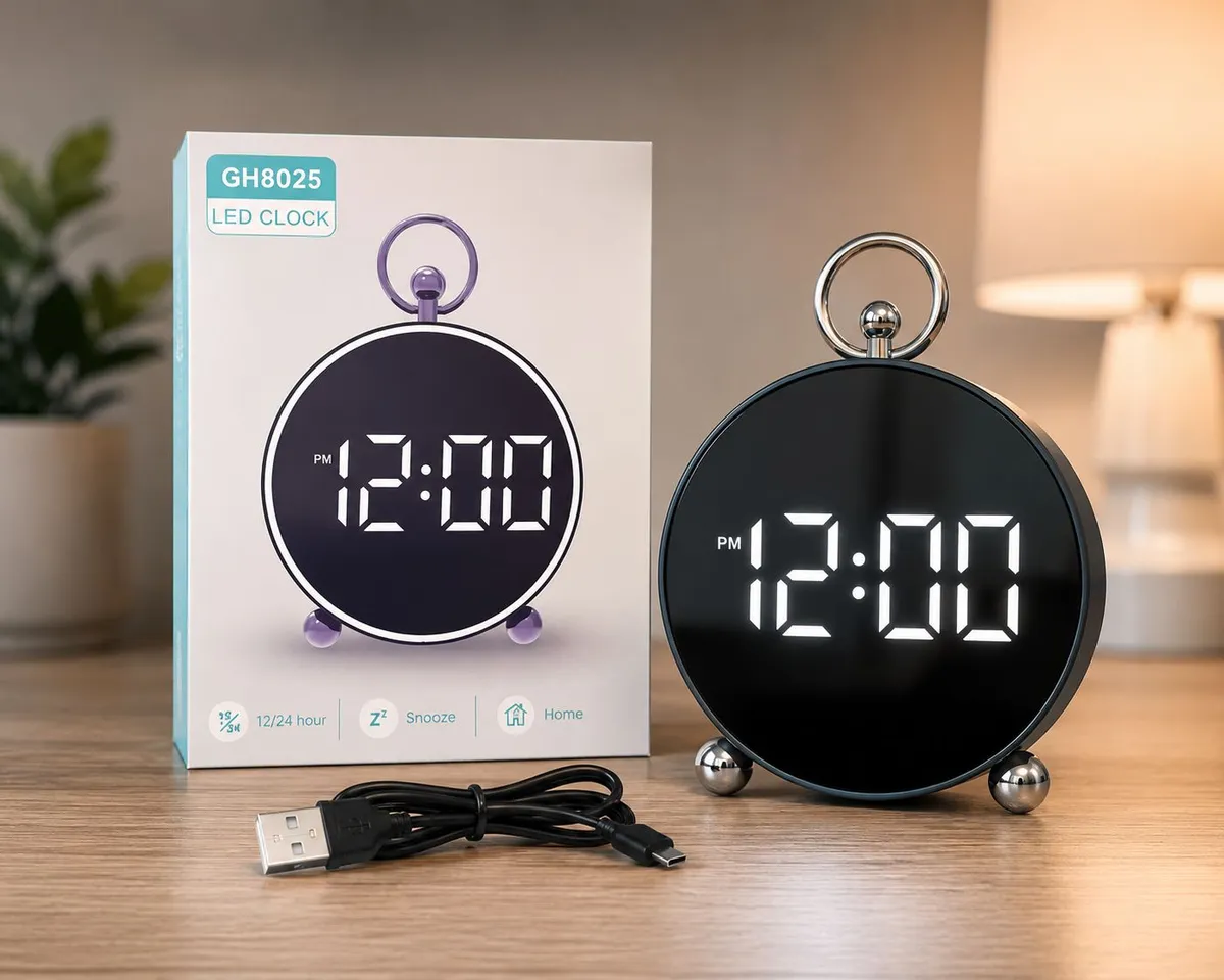 Cyfrowy Budzik LED czarny z metalicznym wykończeniem i USB