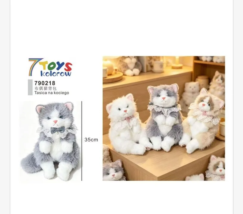 Pluszowa maskotka kot 35 cm z kokardką i koronką