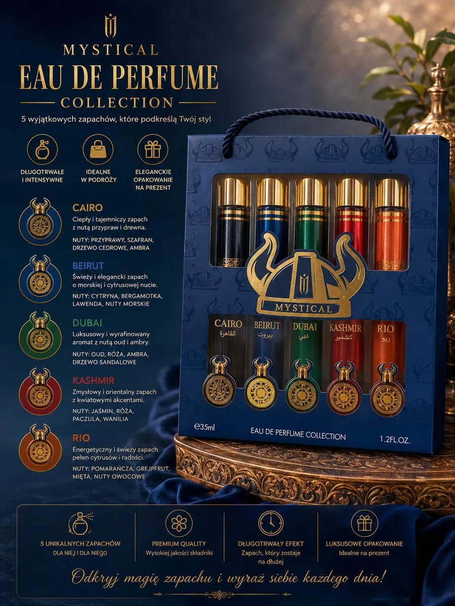 Zestaw 5 perfum Mystical w granatowym pudełku z przezroczystym okienkiem i złotymi nakrętkami