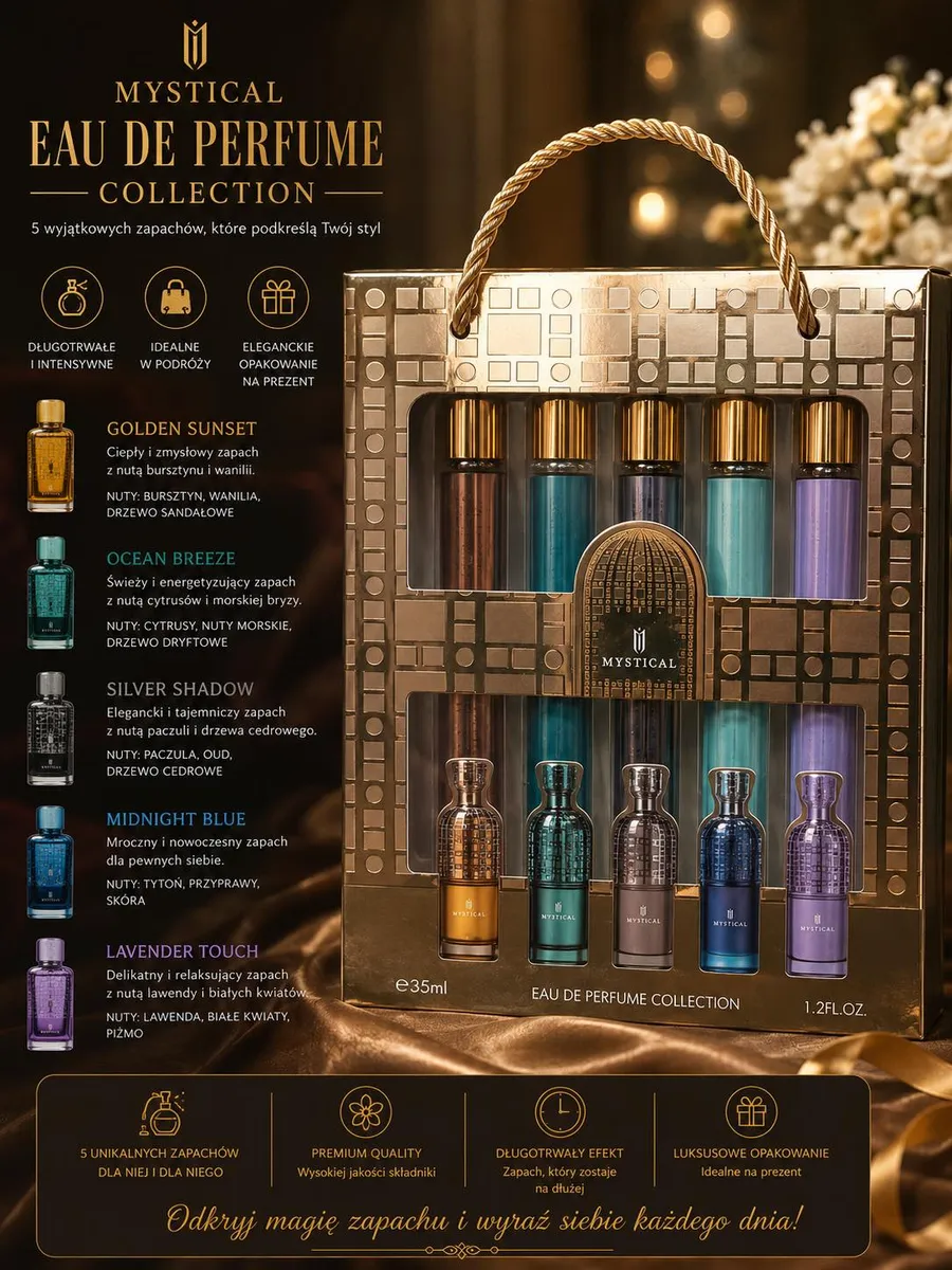 Zestaw 5 perfum Mystical w eleganckim złotym opakowaniu z sznurkowym uchwytem