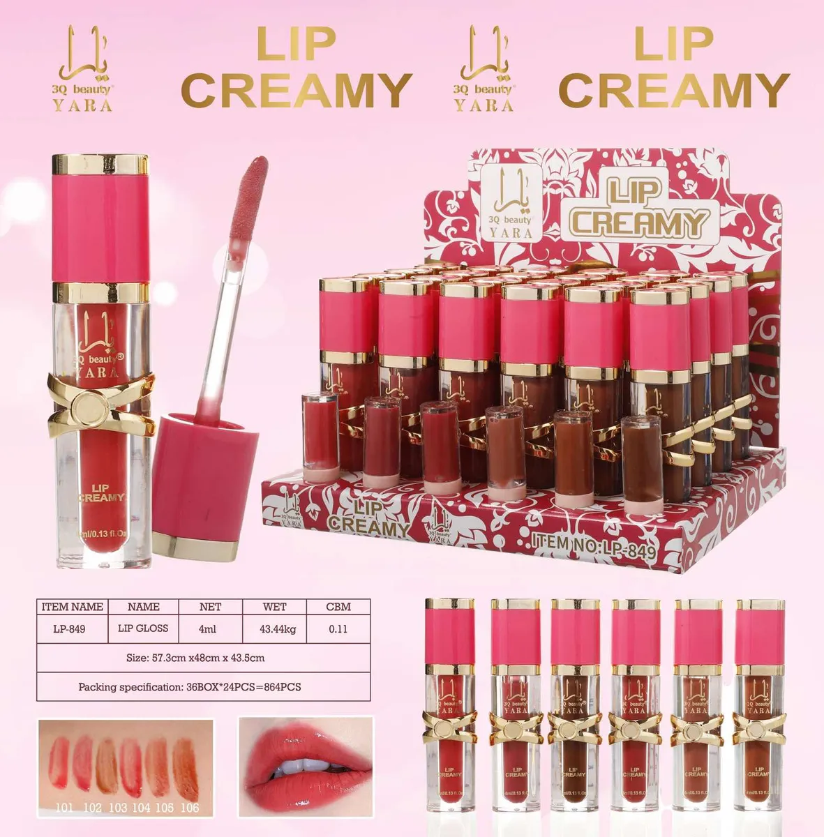 Błyszczyk do ust YARA Lip Creamy 4ml różowo-złote opakowanie z aplikatorem i ekspozycja kolorów