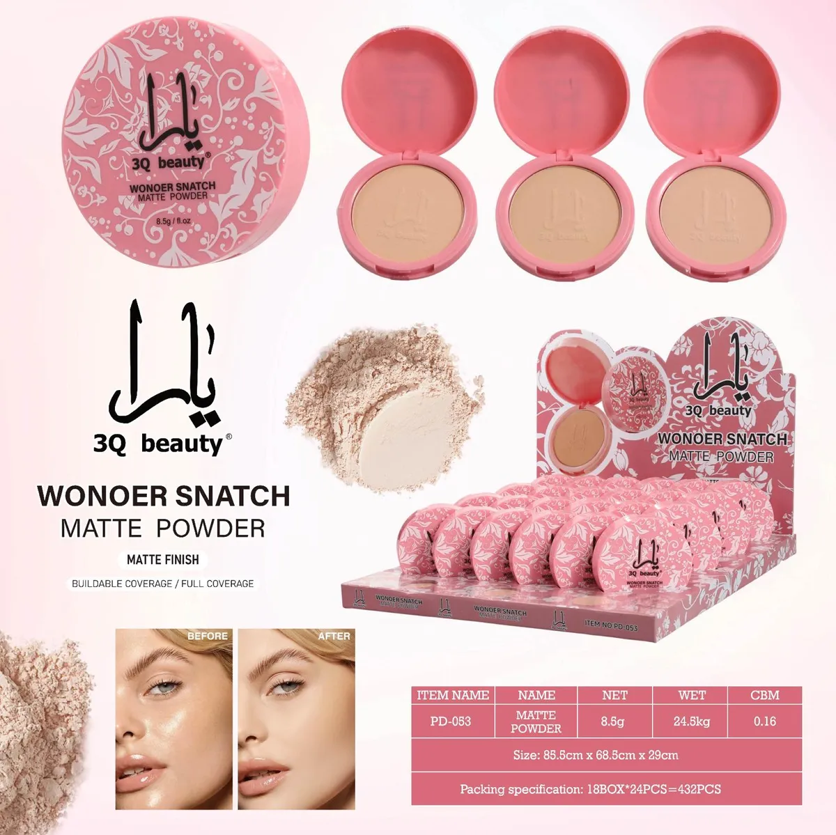 3Q beauty Wonder Snatch Matte Powder puder matujący 8,5g różowy