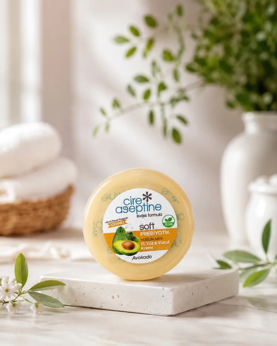 okrągłe opakowanie kremu Cire Aseptine Soft Prebiotyk z awokado na marmurowej podstawce