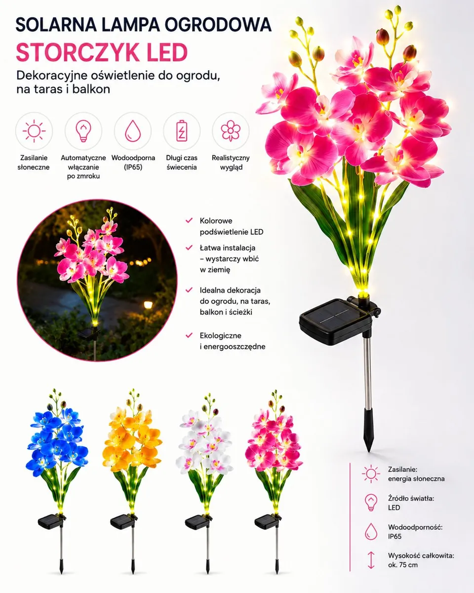 Solarny storczyk LED dekoracyjna lampa ogrodowa 75 cm kolorowa