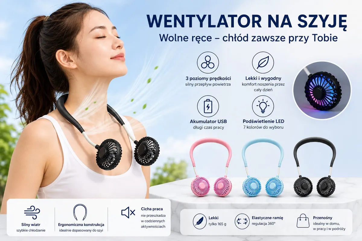 Czarny wentylator na szyję USB z dwoma wentylatorami i podświetleniem LED, model na szyi kobiety
