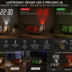 Cyfrowy lustrzany zegar LED z projekcją i termometrem 3 kolory wyświetlacza