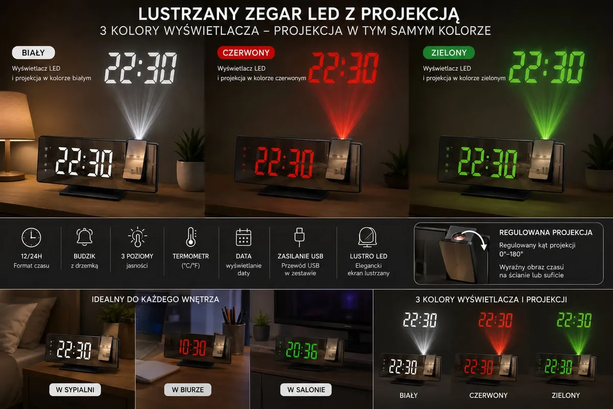 Cyfrowy lustrzany zegar LED z projekcją i termometrem 3 kolory wyświetlacza