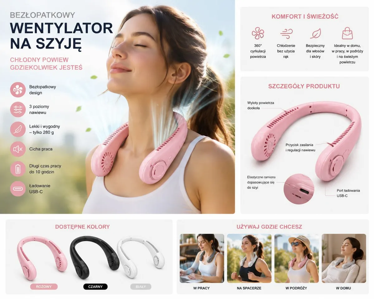 Bezłopatkowy wentylator na szyję różowy USB-C 3 poziomy nawiewu