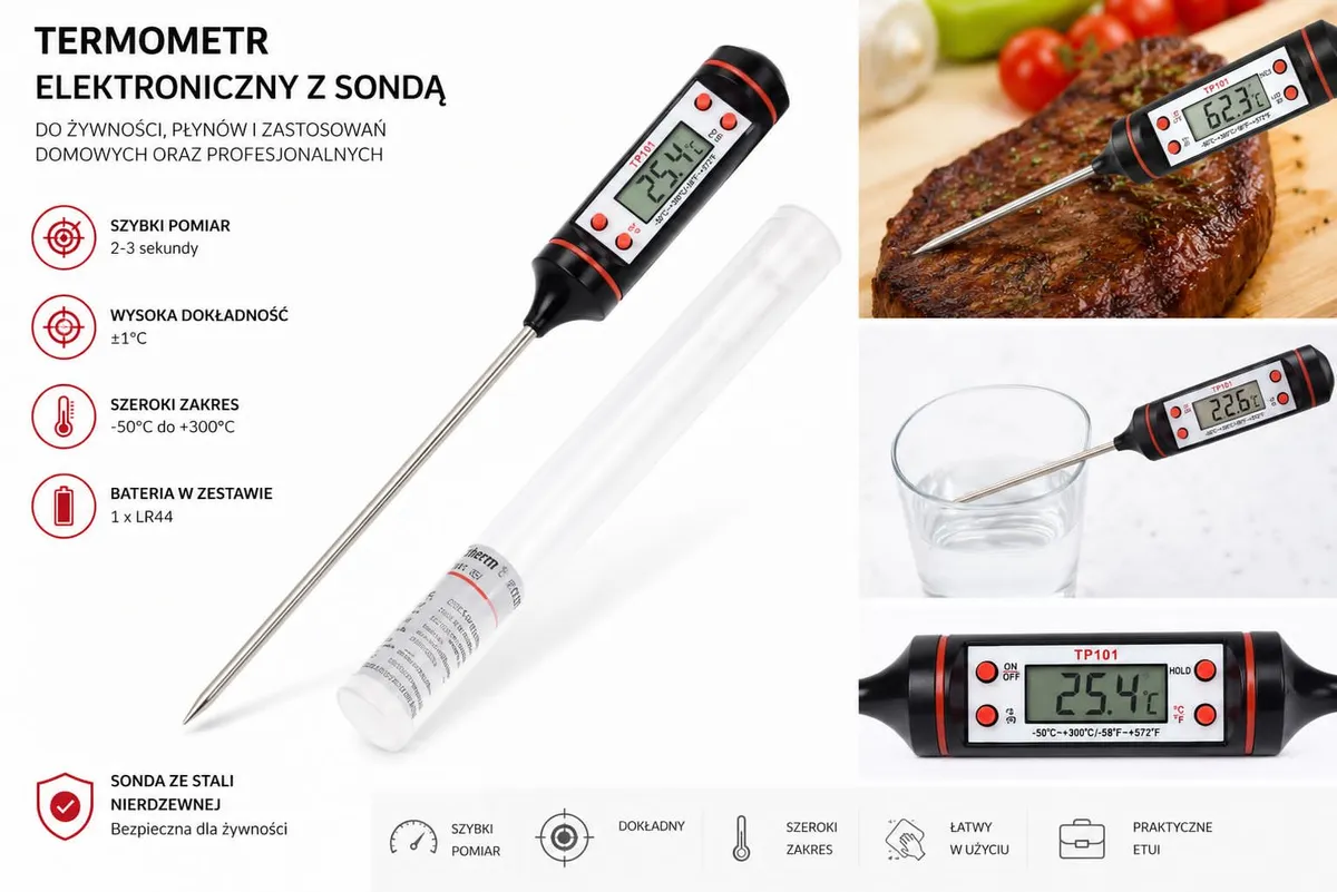 Cyfrowy termometr elektroniczny z sondą ze stali nierdzewnej czarno-czerwony