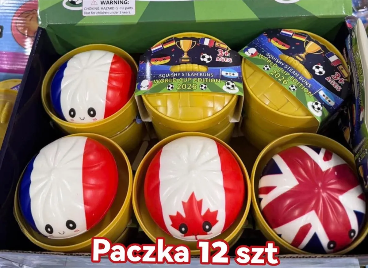 Piłeczki antystresowe squishy z flagami Francji, Kanady i Wielkiej Brytanii w żółtych pojemnikach