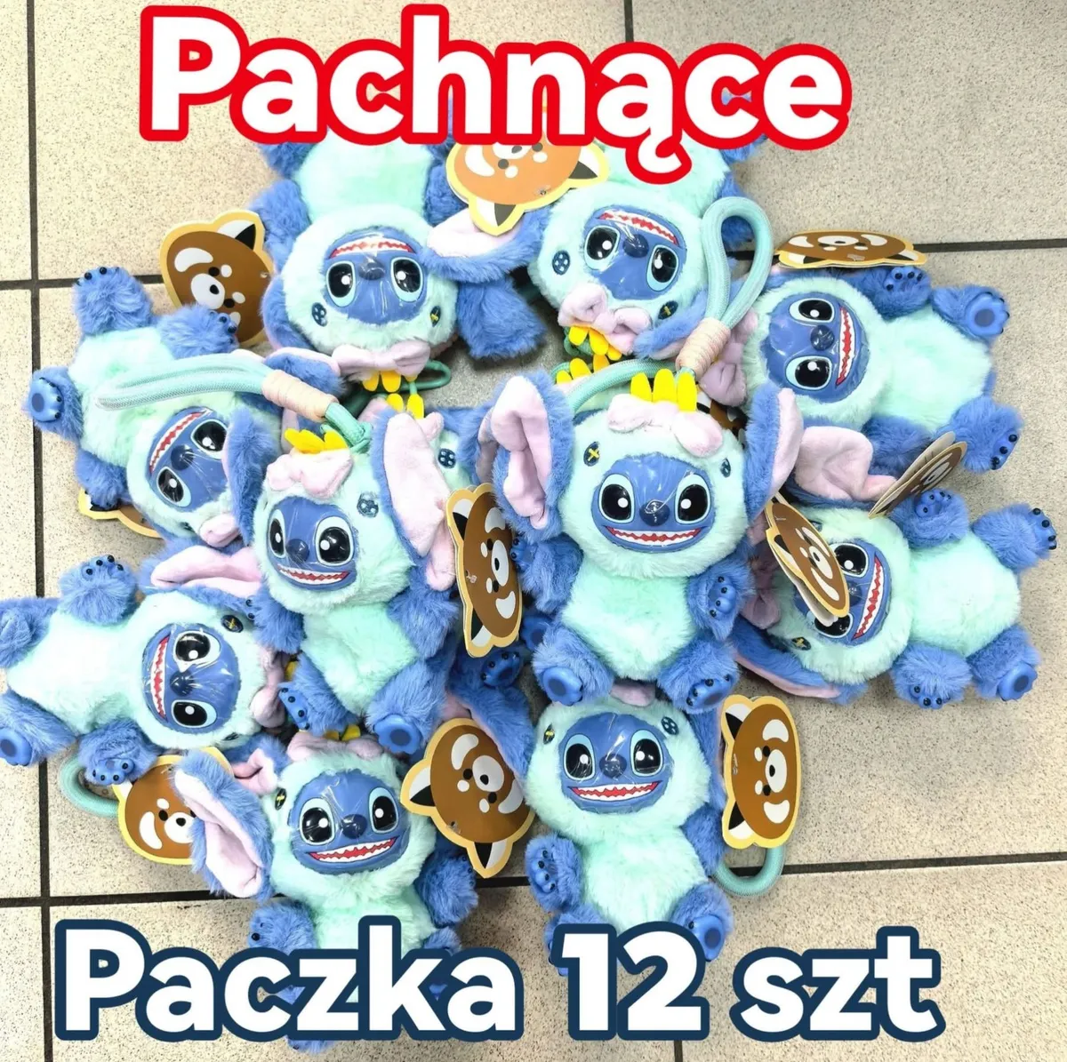 Pachnące pluszowe breloki niebiesko-miętowe z różowymi uszami i żółtymi elementami, 12 sztuk