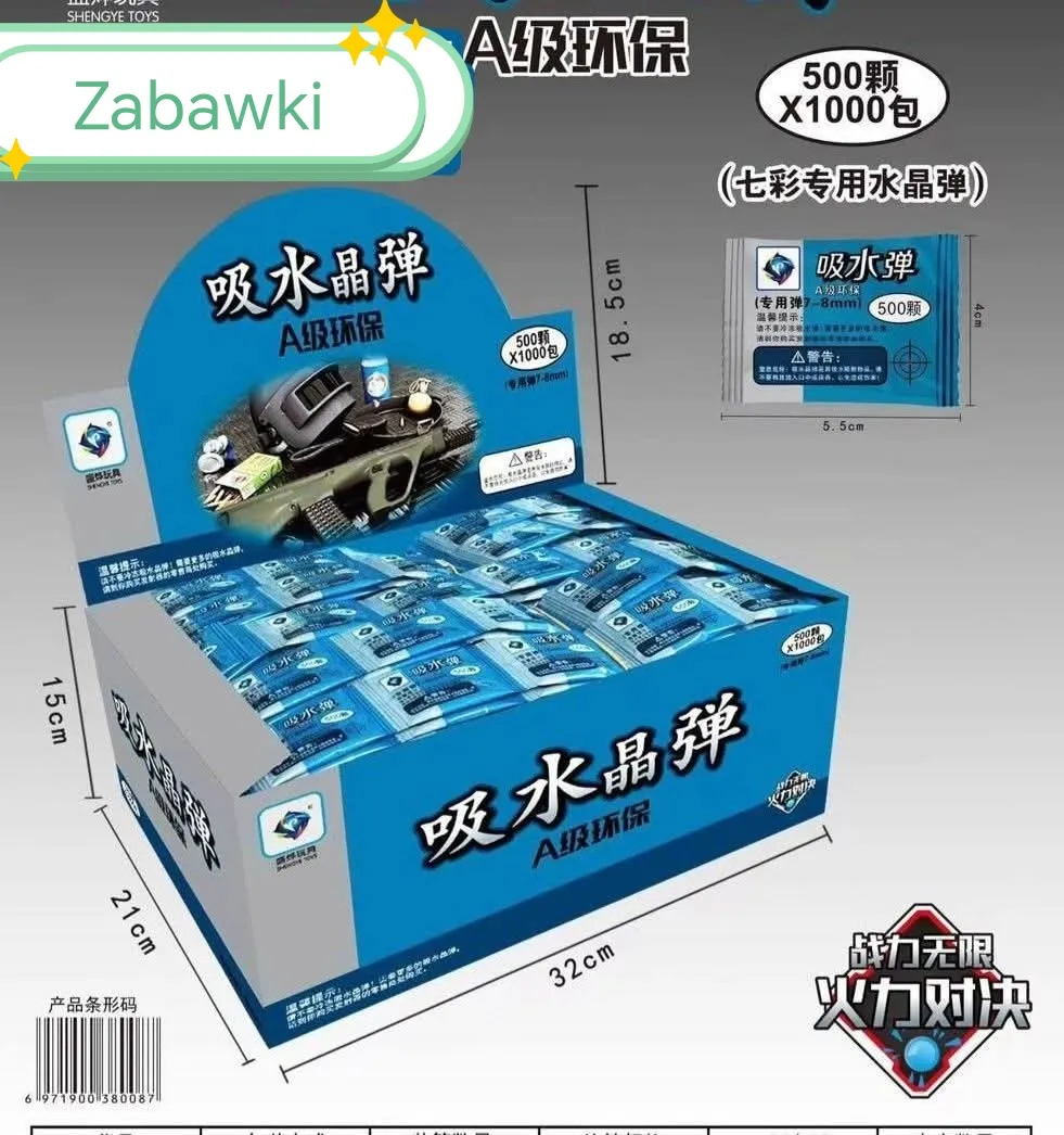 niebieskie kuleczki wodne 7-8 mm w saszetkach w niebieskim pudełku ekspozycyjnym