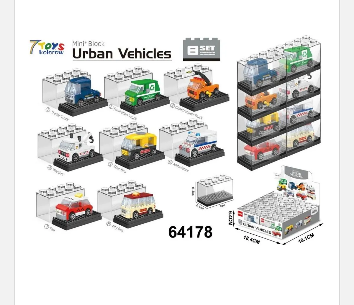 Mini Block Urban Vehicles zestaw 8 pojazdów miejskich kolorowych WK200