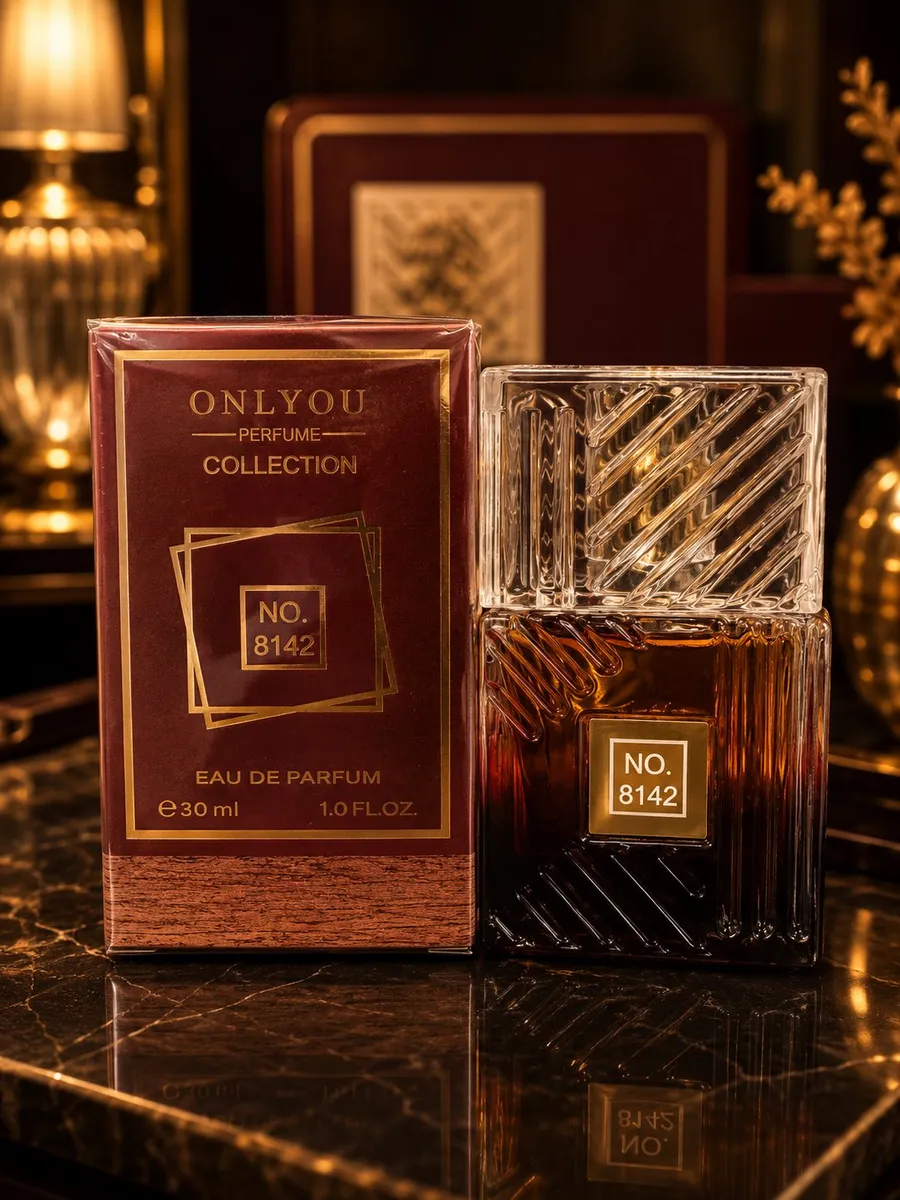 Perfumy Onlyou Collection No. 8142 30ml z bordowym opakowaniem i szklanym flakonem z geometrycznym wzorem