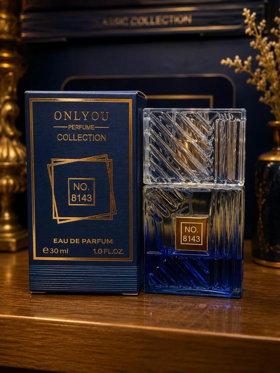 Butelka perfum OnlyYou Collection No. 8143 30ml granatowo-przezroczysta z opakowaniem granatowo-złotym