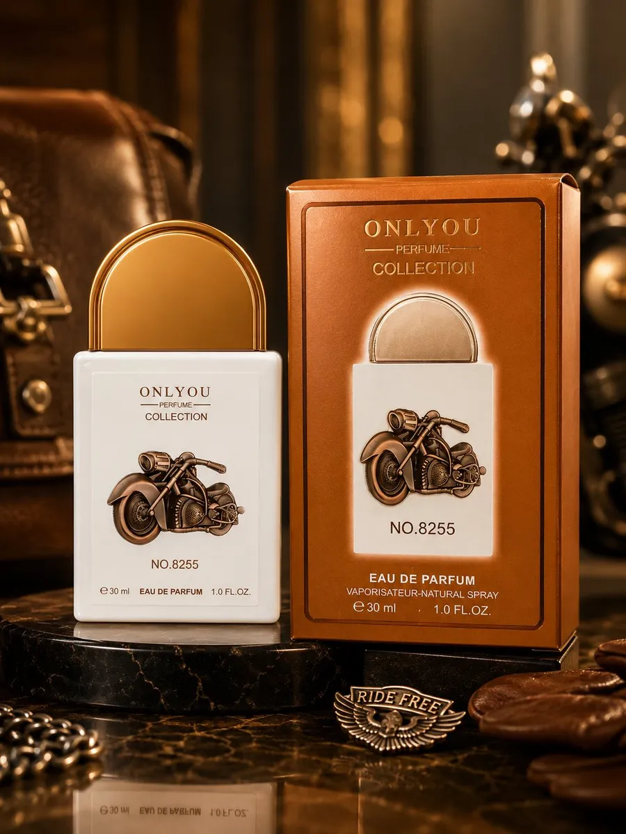 Butelka perfum Onlyou 30 ml z białym korpusem i złotym korkiem oraz motywem motocykla na froncie