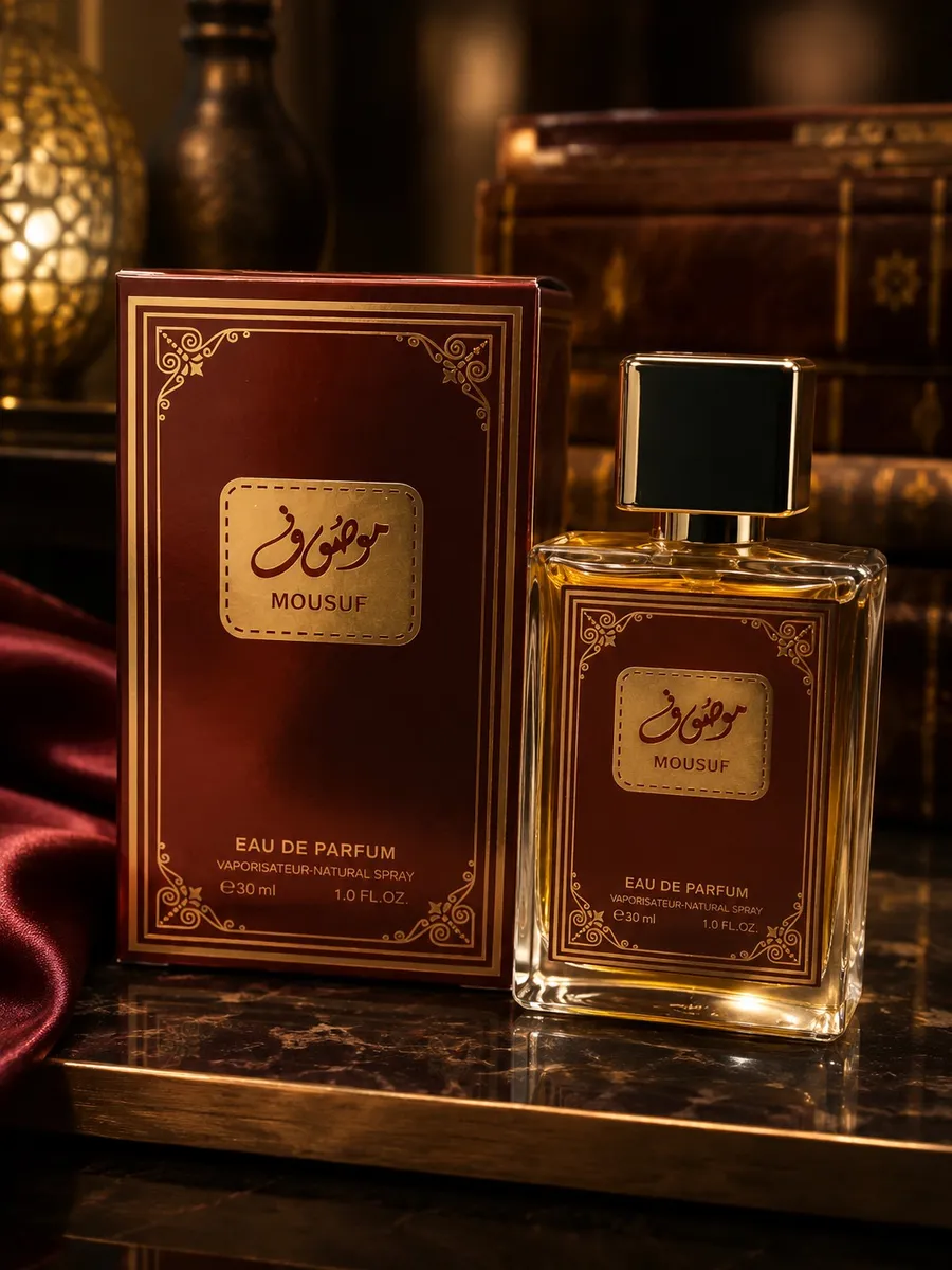 Perfumy Mousuf 30ml w przezroczystym flakonie z bordowo-złotą etykietą i czarną nakrętką obok pudełka