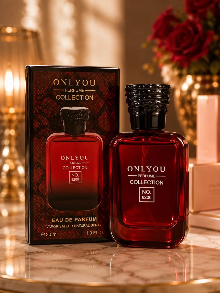 Butelka czerwonych perfum Onlyou Collection No. 8200 30ml z czarną zakrętką i opakowaniem