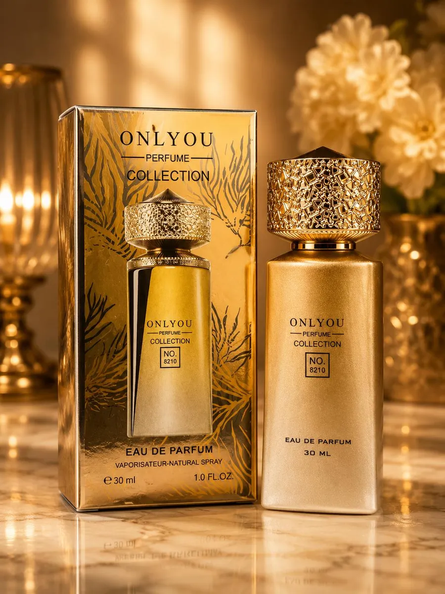 Złoty flakon perfum Onlyou Perfume Collection 30 ml z ozdobną zakrętką i złote pudełko