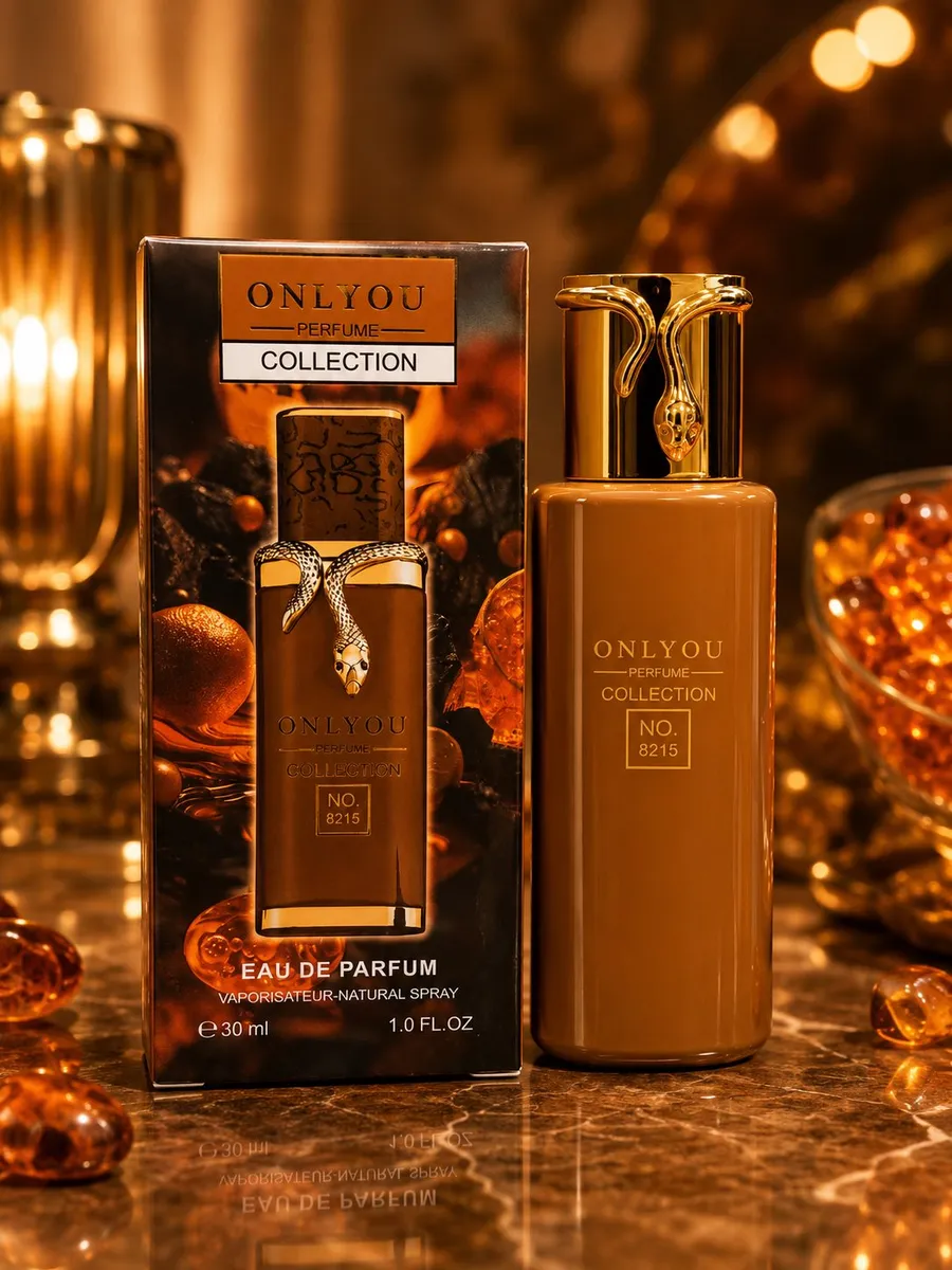 Butelka brązowych perfum Onlyou Collection No. 8215 z złotym korkiem i opakowaniem