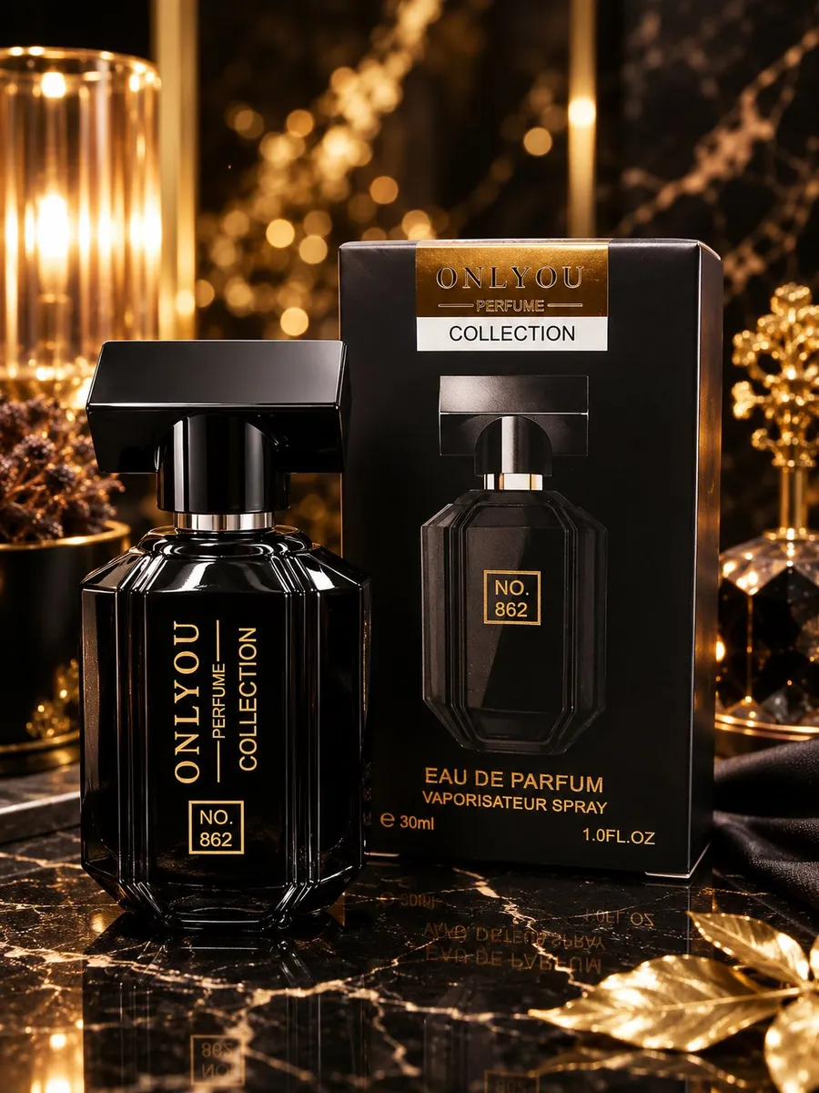 czarny flakon perfum Onlyou Collection No. 862 30ml z czarnym pudełkiem na marmurowym tle
