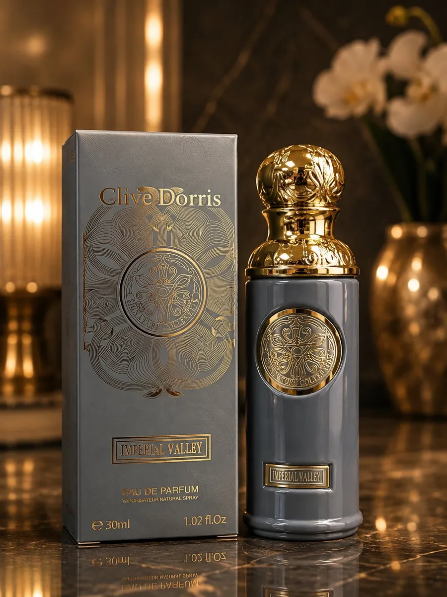 Szary flakon perfum Clive Dorris Imperial Valley 30ml z złotą nakrętką i kartonem