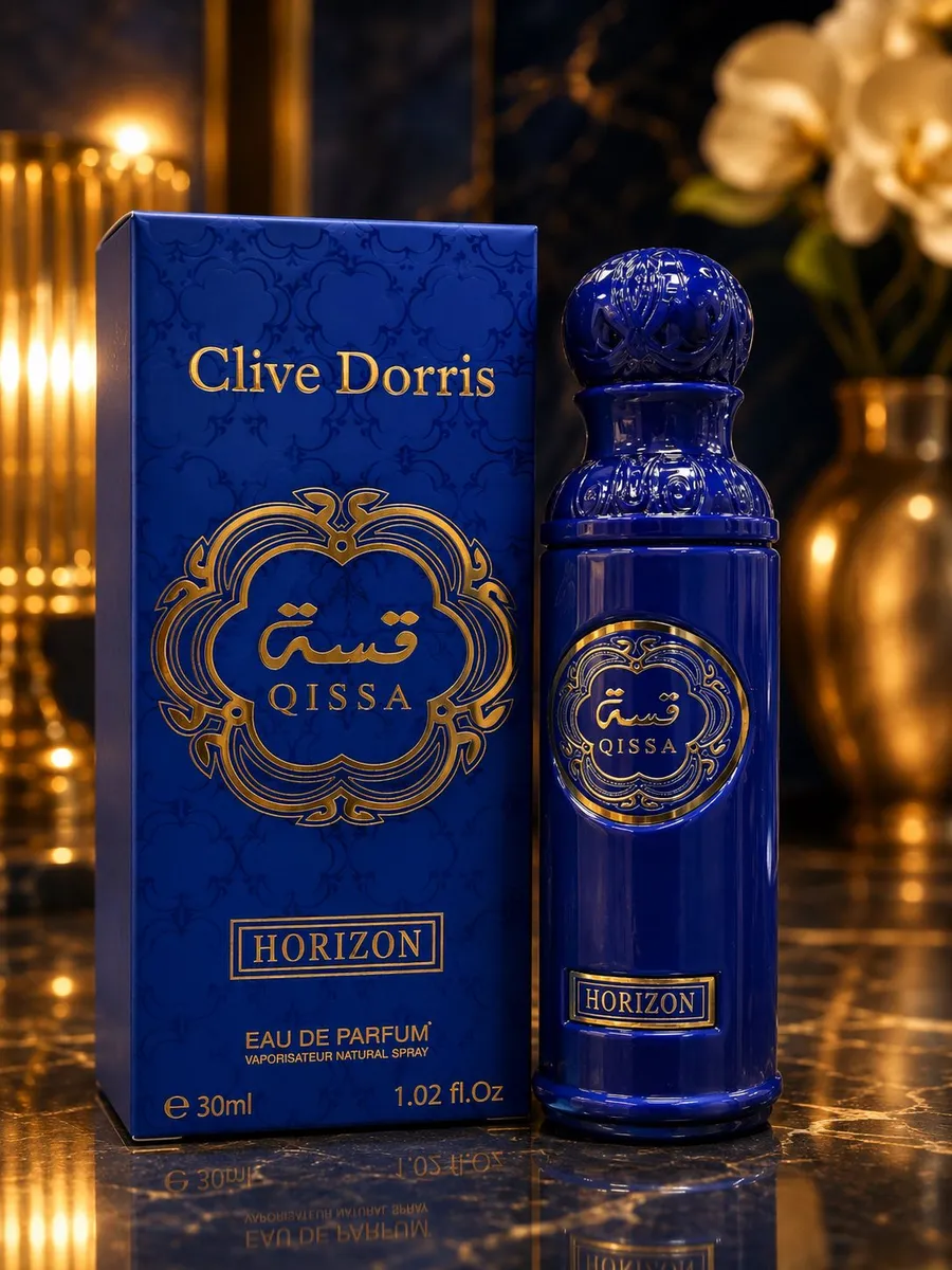 Granatowy flakon perfum Clive Dorris Qissa Horizon 30ml z złotymi zdobieniami i opakowaniem