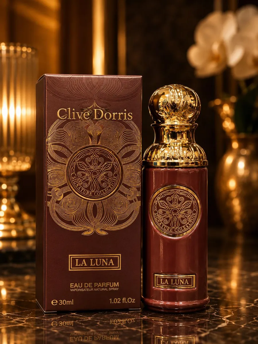 Brązowo-złoty flakon perfum Clive Dorris La Luna 30ml z ozdobnym złotym korkiem i kartonem
