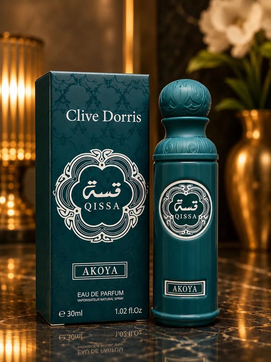 Turkusowy flakon perfum Clive Dorris Qissa Akoya 30ml z dekoracyjnym tłoczeniem i opakowaniem