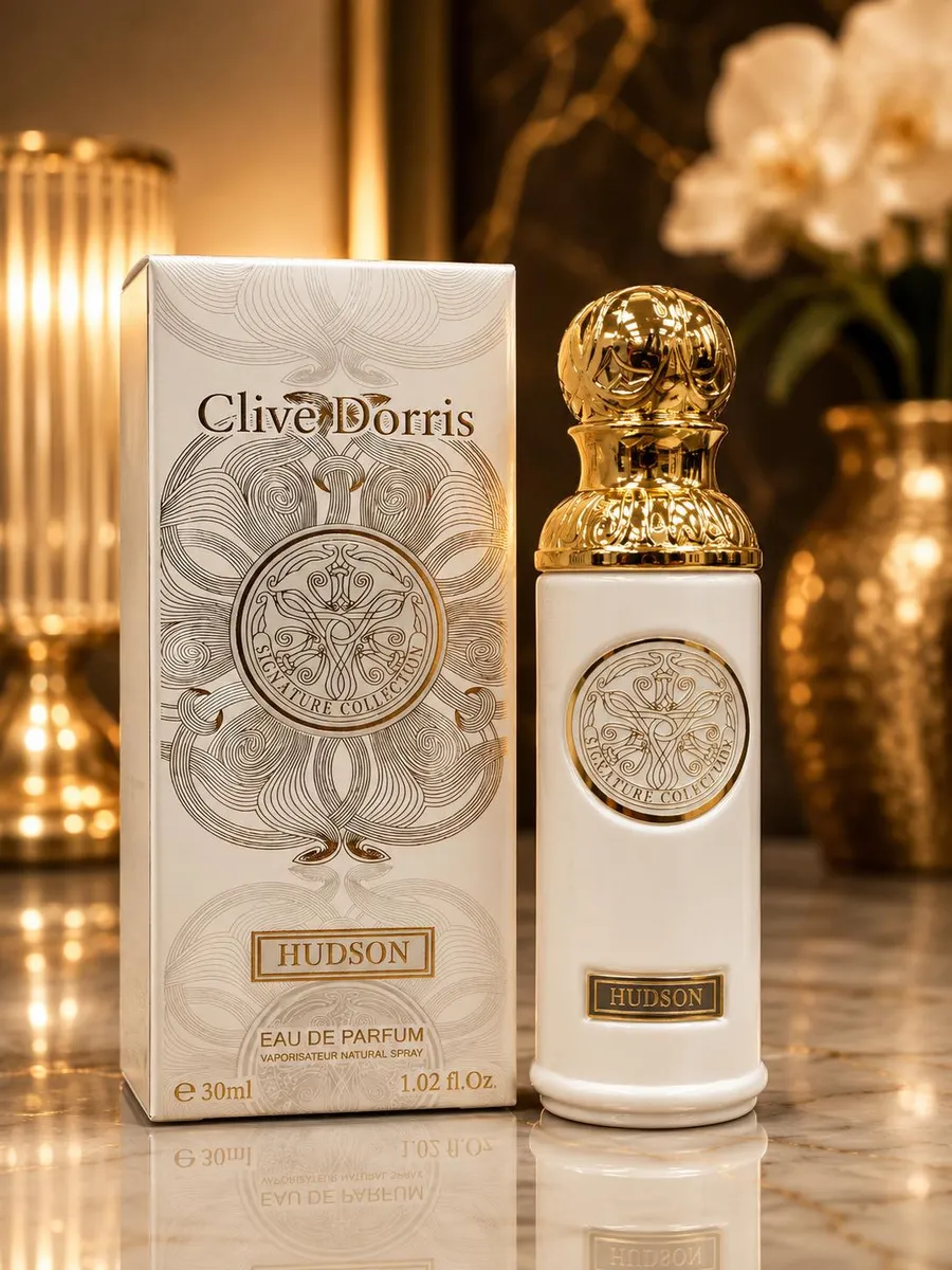 Butelka perfum Clive Dorris Hudson 30ml biało-złota z ozdobnym korkiem i opakowanie