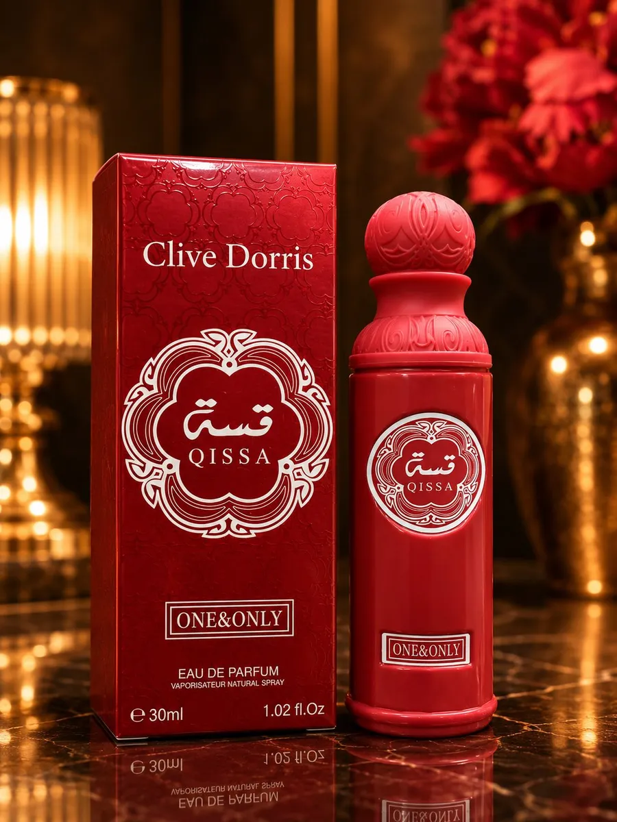 czerwony flakon perfum Clive Dorris Qissa 30ml z ozdobnym wzorem i pudełko