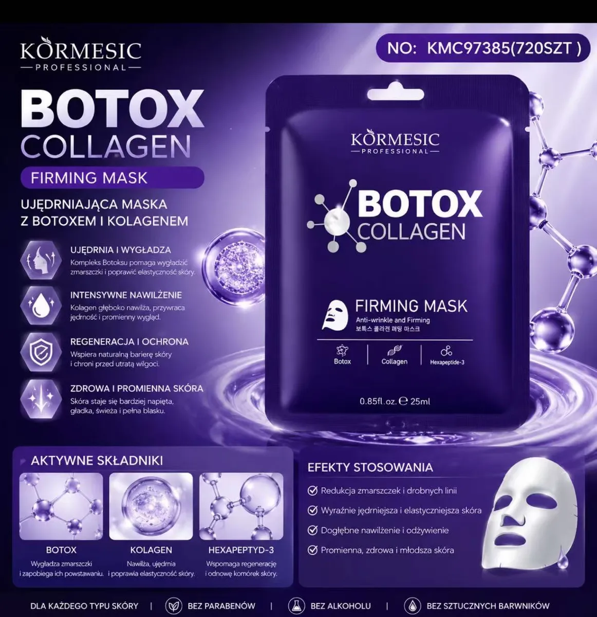 Granatowe opakowanie maski tkaninowej Körmesic Botox Collagen 25 ml z opisem składników i efektów