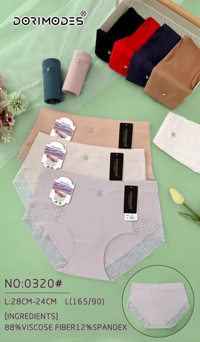Majtki damskie DORIMODES w pastelowych kolorach z koronką i ozdobą, rozmiar L