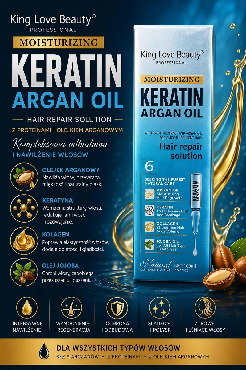 Opakowanie olejku do włosów King Love Beauty Keratin Argan Oil 100ml z grafiką olejków i składników