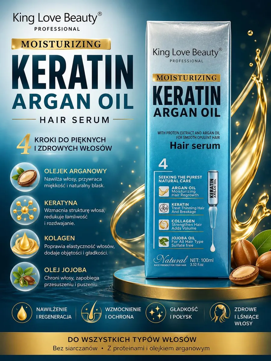 Opakowanie serum do włosów King Love Beauty z keratyną i olejkiem arganowym 100ml w błękitno-srebrnym kolorze