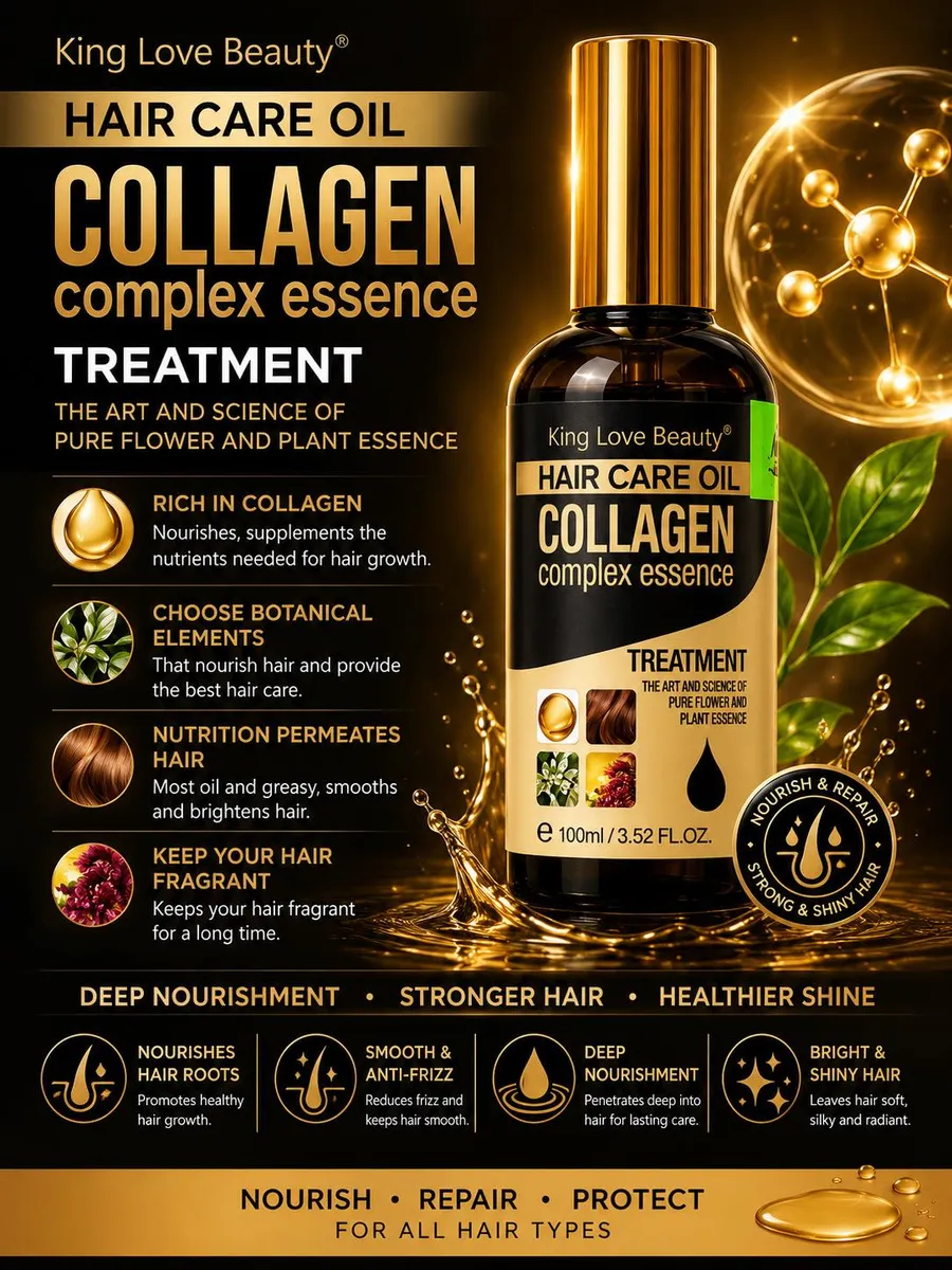 Butelka olejku do włosów King Love Beauty Collagen Complex Essence 100 ml z złotą nakrętką i grafiką molekuł