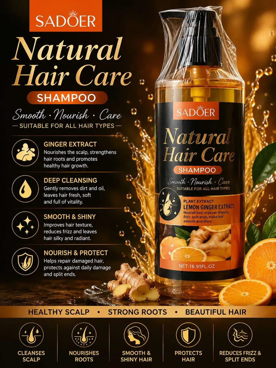 Butelka szamponu SADOER Natural Hair Care z pompką, obok plastry cytryny i kawałki imbiru
