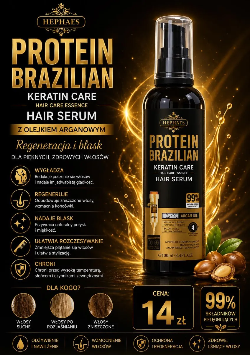 Butelka czarnego serum do włosów Protein Brazilian Keratin Care z dozownikiem i olejkiem arganowym