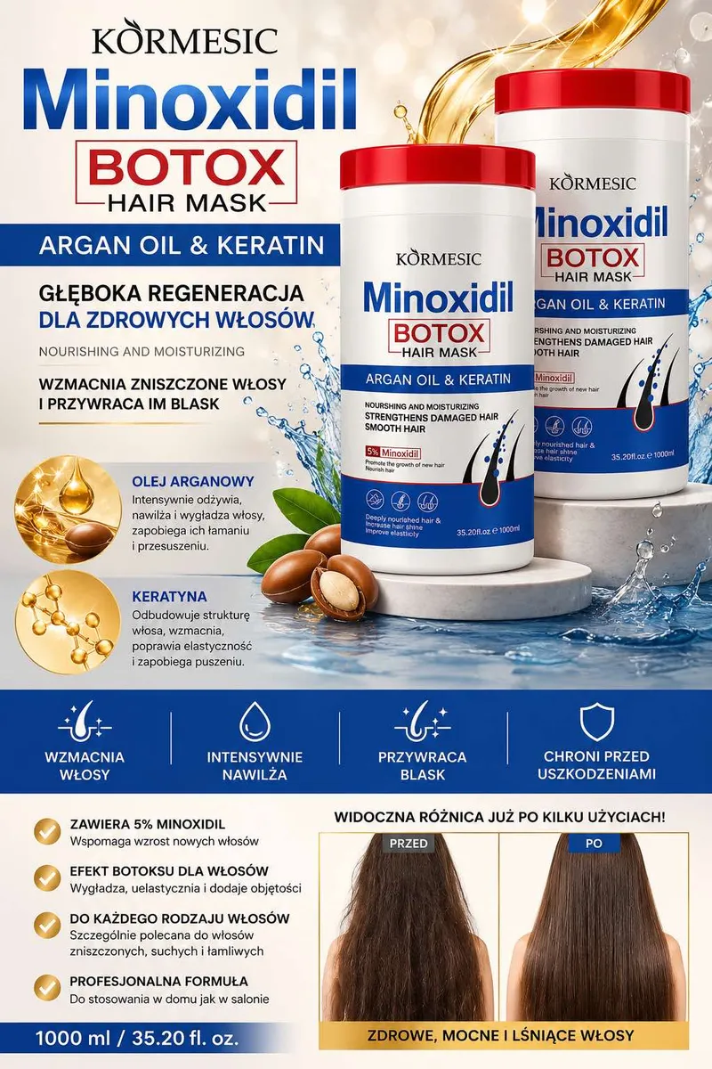 Opakowanie maski do włosów KORMESIC Minoxidil Botox Hair Mask 1000 ml z czerwonym wieczkiem i grafiką oleju arganowego