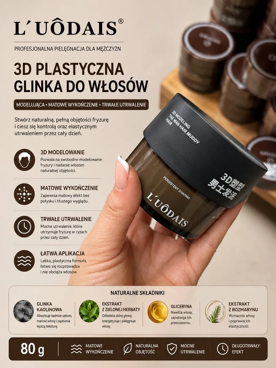 Ciemnobrązowy pojemnik z czarną zakrętką 3D plastycznej glinki do włosów trzymany w dłoni na tle innych opakowań.