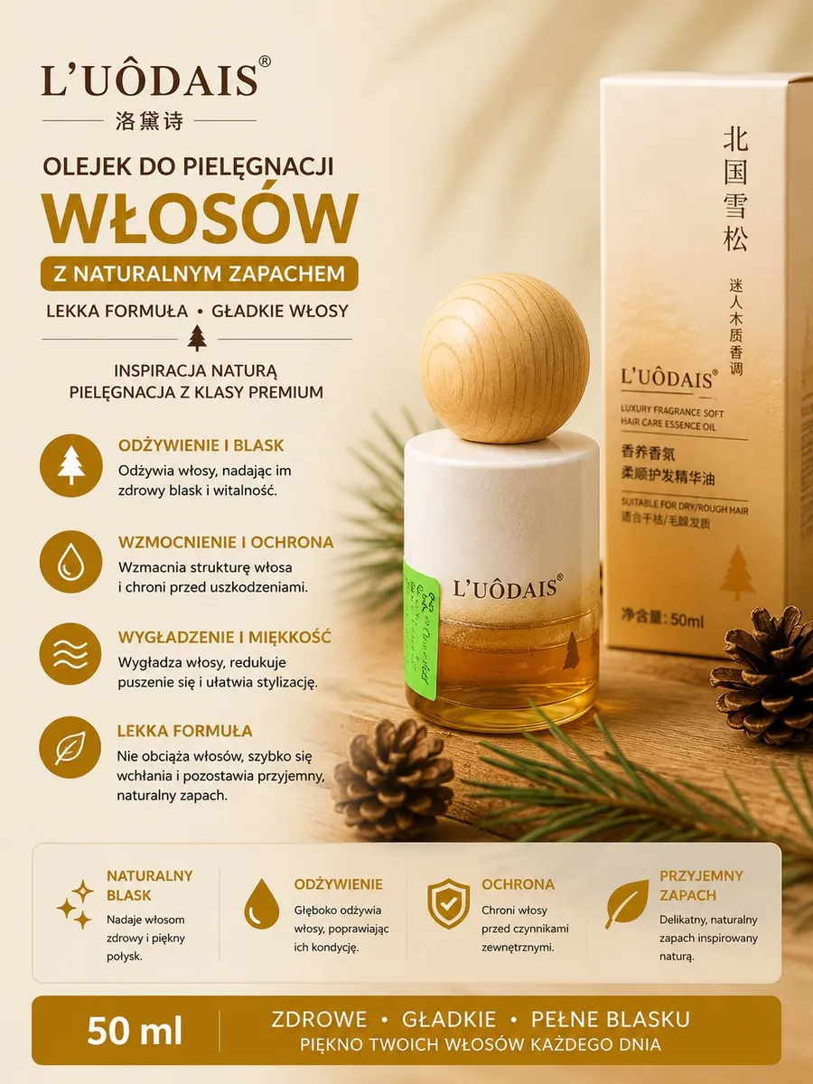 Butelka olejku do włosów L’UÔDAIS 50 ml z drewnianą kulistą zakrętką i opakowanie w beżowym kolorze